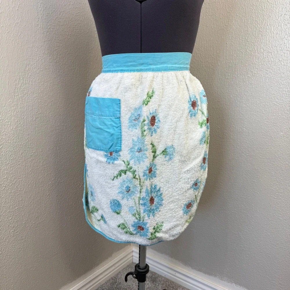 Vintage Terry Cloth Towel Half Apron Blue‎ Floral Pocket Handmade Retro Kitchen